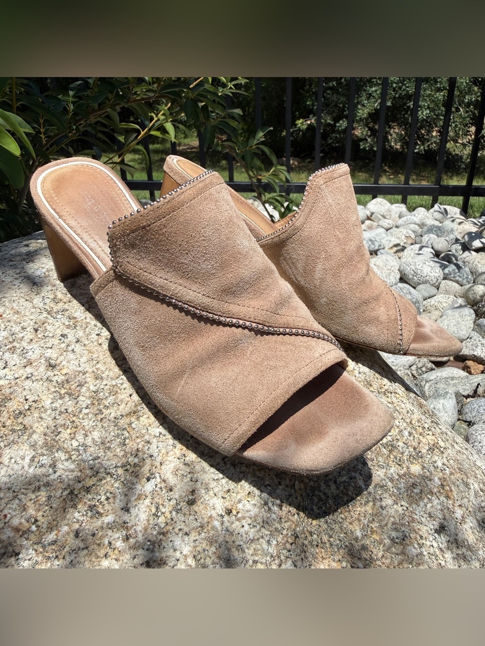 Rag & Bone Myla Mule Nude Suede Studded Block Heel Slides 8 Shoes Neutral Luxury